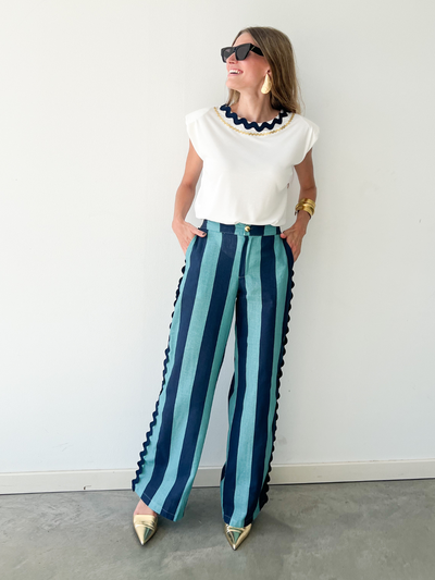Pantalón recto rayas Turquesa