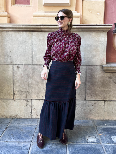 Falda midi algodón de rayas marino